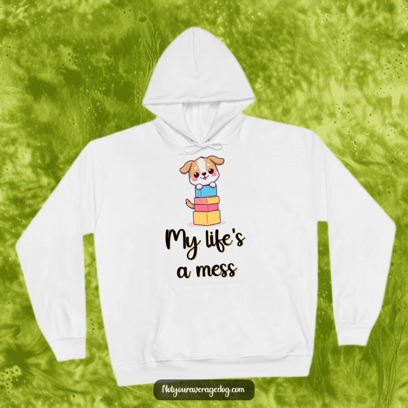 Funny Balancing Dog Hoodie: Dog balancing a stack of colorful blocks, offering cozy humor and focus.