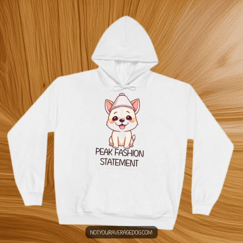 Funny hoodie depicting a dog happily wearing a lampshade on its head, a symbol of playful mischief and adorable silliness.