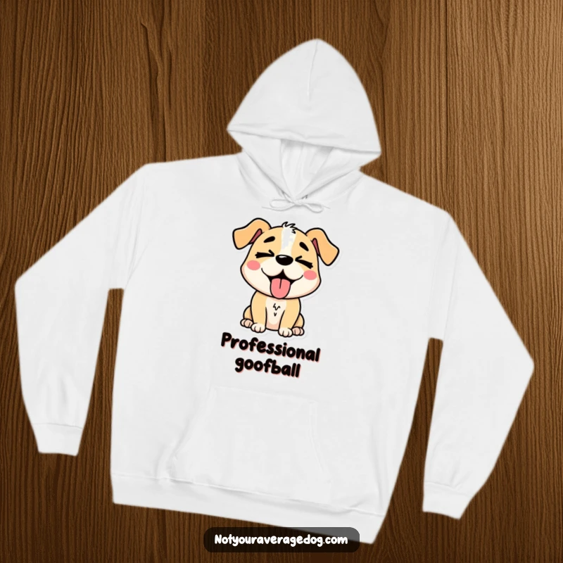 Funny stylized dog character with its tongue hanging out and eyes crossed, a warm and humorous hoodie for ultimate comfort.
