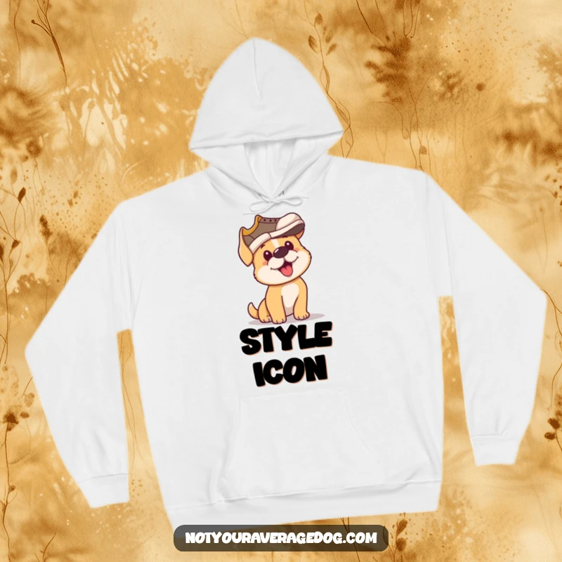 Funny hoodie showing a dog with earnest determination trying to balance a shoe on its head like a hat.