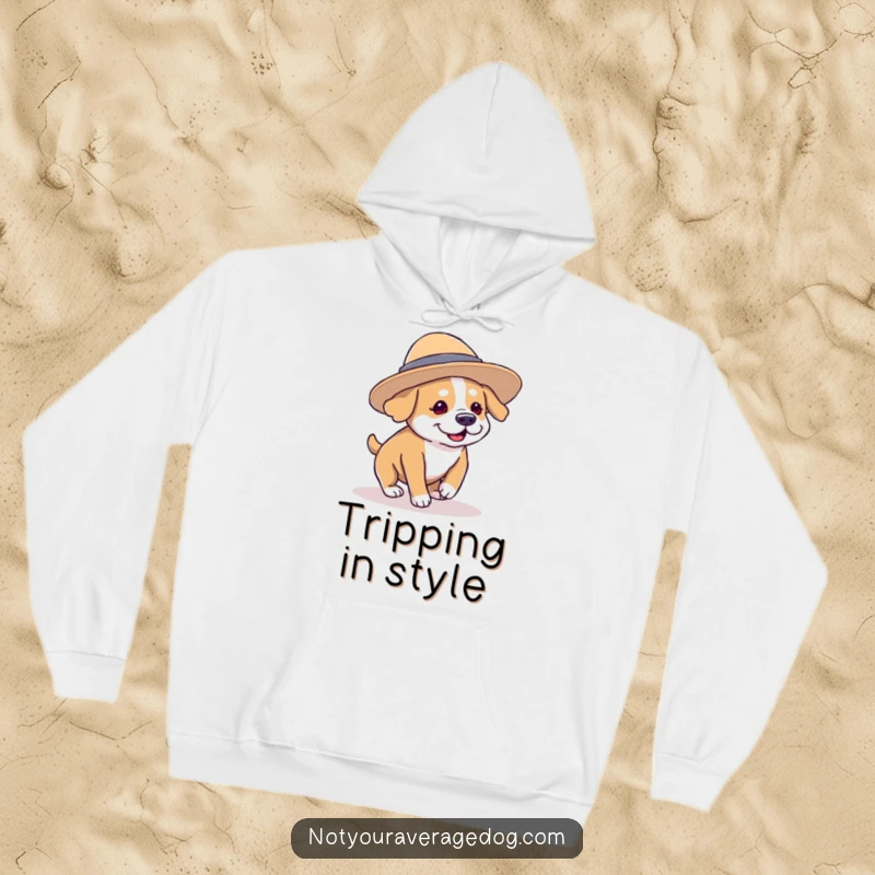 Funny dog wearing a comically oversized hat and tripping over its paws, a warm and humorous hoodie for ultimate comfort.