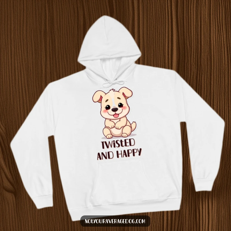 Funny dog in a pretzel shape on a comfortable hoodie, ideal for humorous and cozy wear.