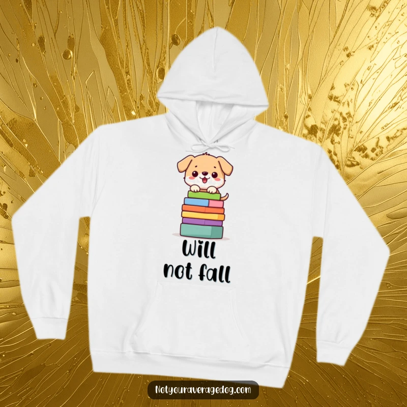 Funny dog hoodie with a character precariously balancing a stack of colorful blocks, perfect for cozy days.
