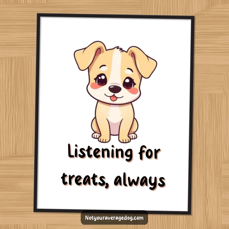 Funny Free Printable Wall Art: A charming dog character with its head tilted and ears flopped forward, looking utterly adorable.
