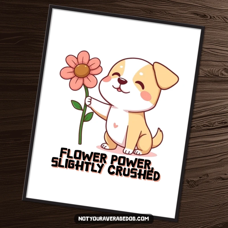 Funny Free Printable Wall Art: A triumphant dog proudly presents a single, oversized flower that has seen better days.