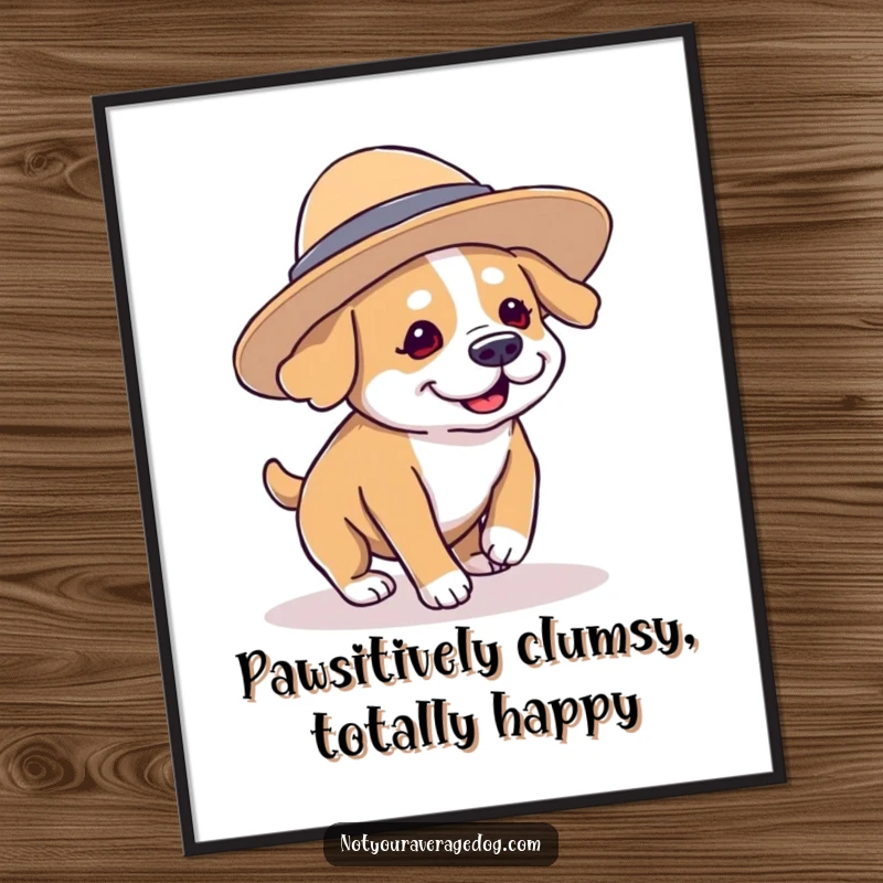 Funny Free Printable Wall Art: A dog with a comically oversized hat stumbles comically over its own paws.