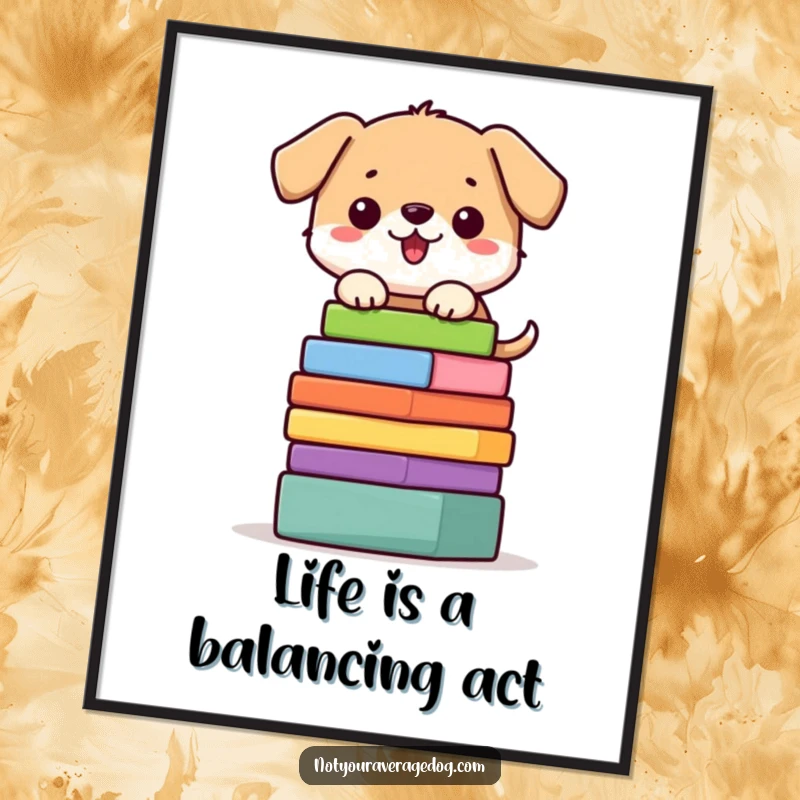 Funny Free Printable Wall Art: Dog attempting to balance a stack of colorful blocks, a comical and charming piece of art.