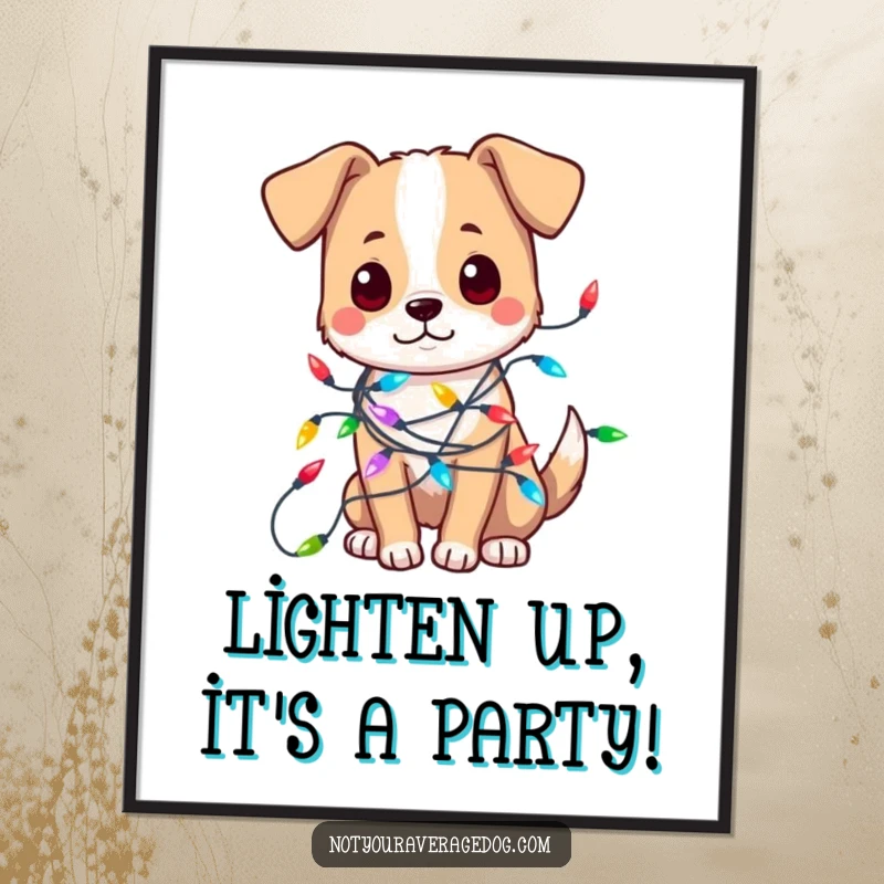 Funny Free Printable Wall Art: A cute dog playfully tangled in bright, colorful festive lights.