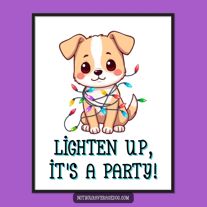 Free Printable Wall Art: Dog tangled in lights, festive fun!