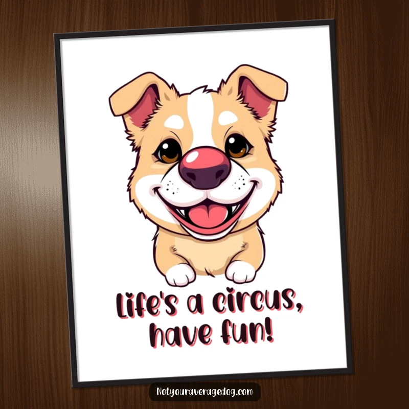 Funny free printable wall art of a dog wearing a clown nose and a silly grin, bringing playful vibes.