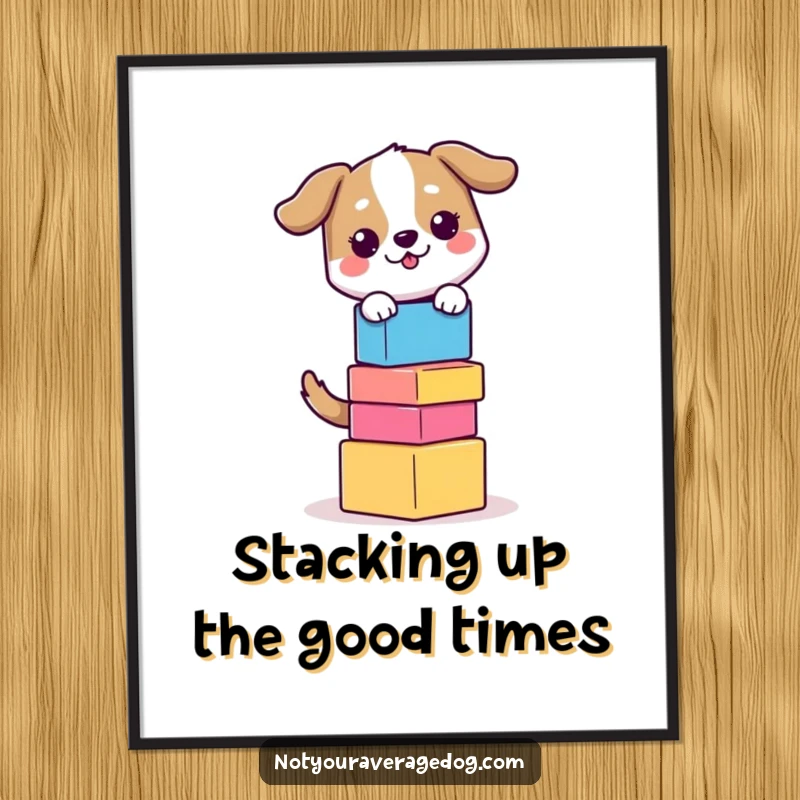 Funny Free Printable Wall Art: A dog is humorously balancing a tall stack of colorful blocks on its head.