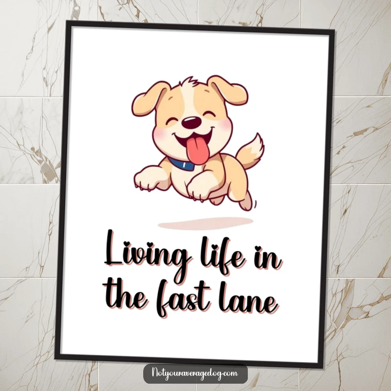 Funny Free Printable Wall Art: A dog runs with its tongue sticking out, capturing a moment of pure playful joy.