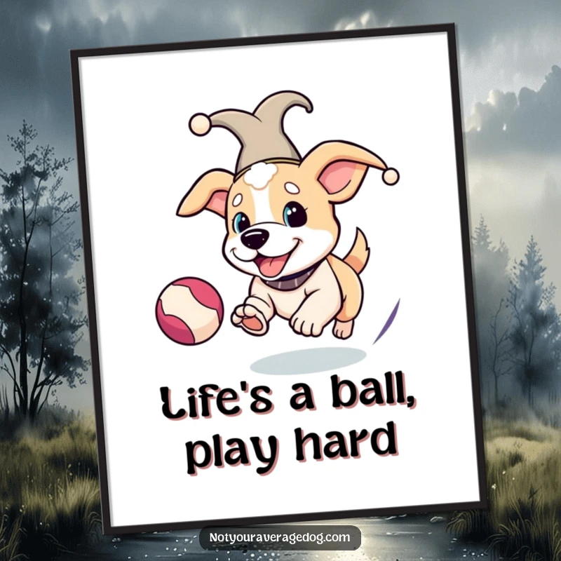 Funny Free Printable Wall Art: A dog wearing a jester hat happily chases a bouncing ball, full of life and joy.