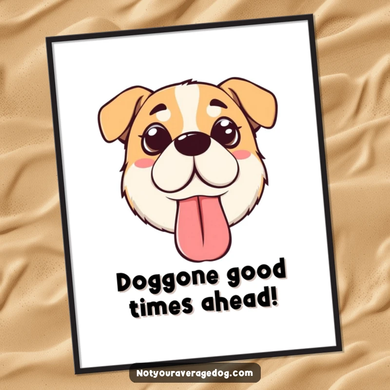 Funny Free Printable wall art: a dog face with hilariously crossed eyes and a long, floppy tongue hanging out, full of glee.