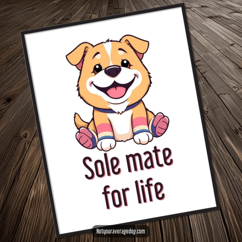 Funny Free Printable Wall Art: A dog with a huge silly grin proudly wearing completely mismatched socks, adding a quirky touch.