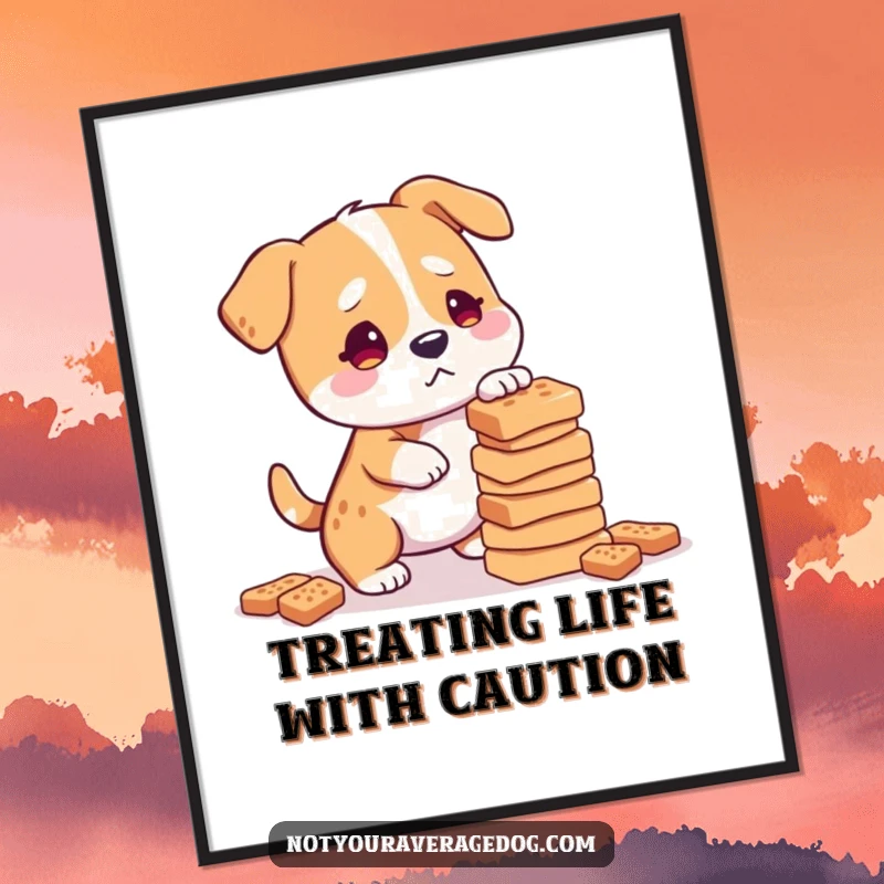 Funny Free Printable wall art, a dog with a bewildered expression attempting to balance a tall stack of dog treats.