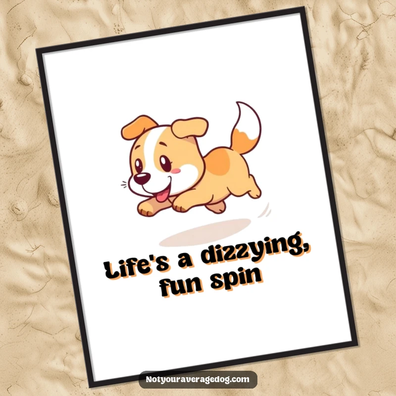 Funny Free Printable Wall Art: A dog in a comical, dizzy spin chasing its tail, adding a burst of energetic humor to decor.