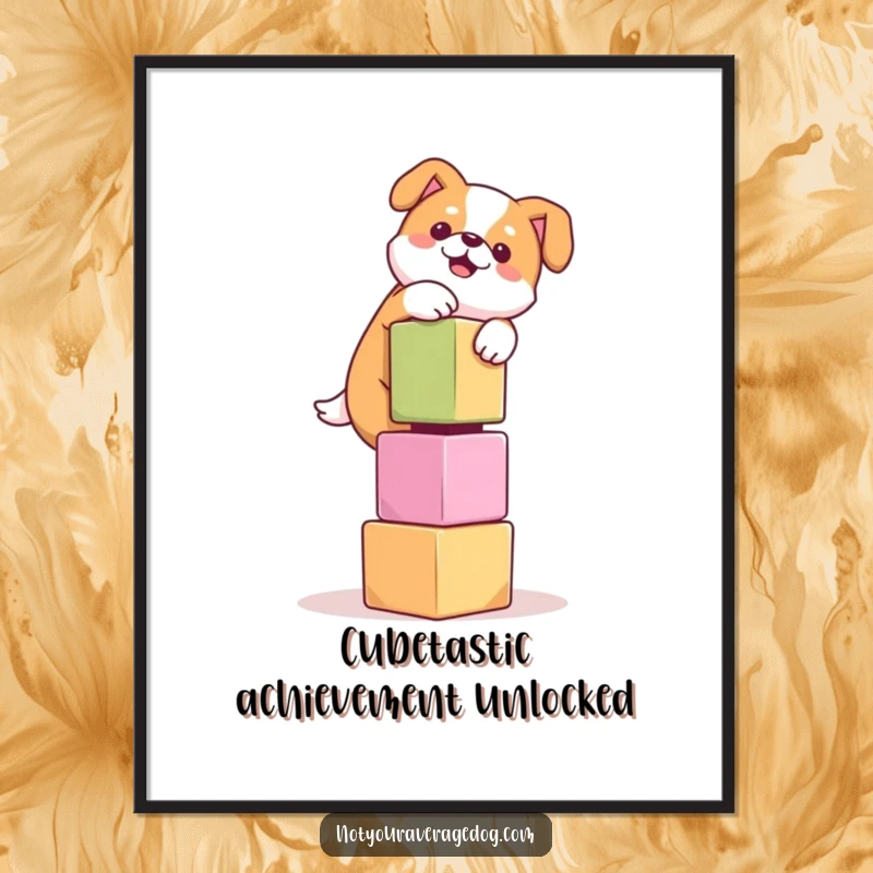 Funny Free Printable Wall Art: A dog focused yet slightly panicked, balancing a precarious tower of colorful cubes.