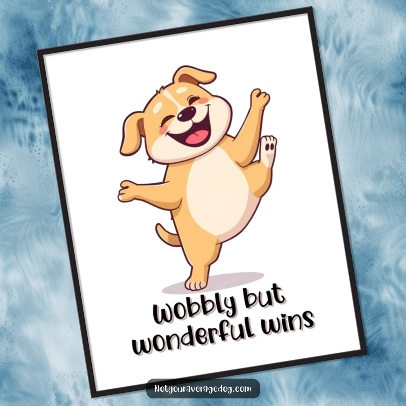 Funny Free Printable Wall Art: A dog performing a wobbly, goofy cartwheel with a massive grin, perfect for printing.