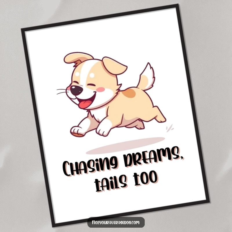 Funny Free Printable Wall Art: A dog chasing its own tail with erratic, joyful, and dizzying movements, art print.