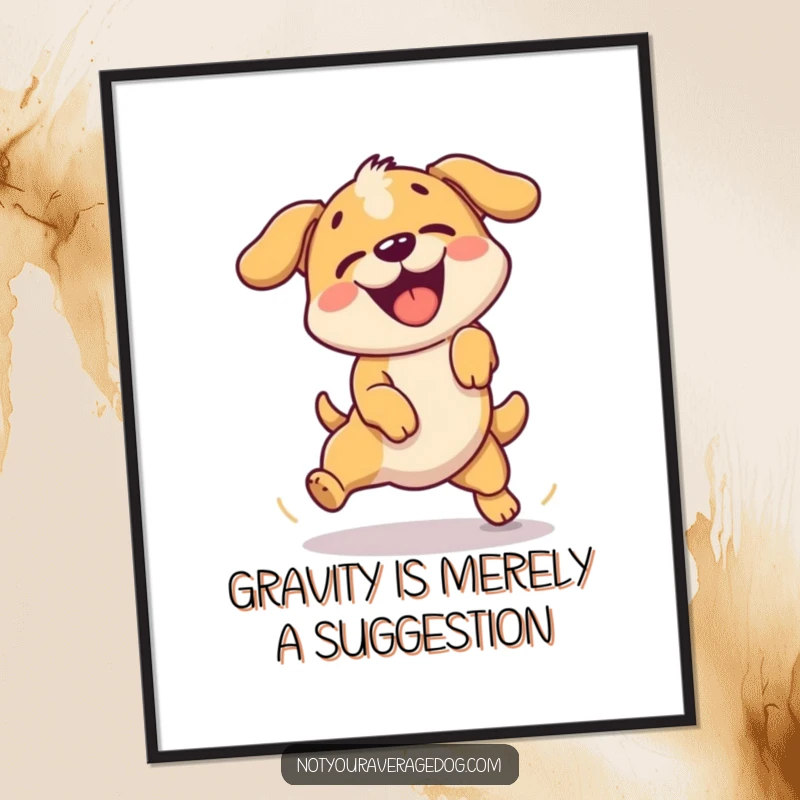 Funny Free Printable Wall Art: A dog character hilariously failing to jump over a small obstacle, legs flailing.