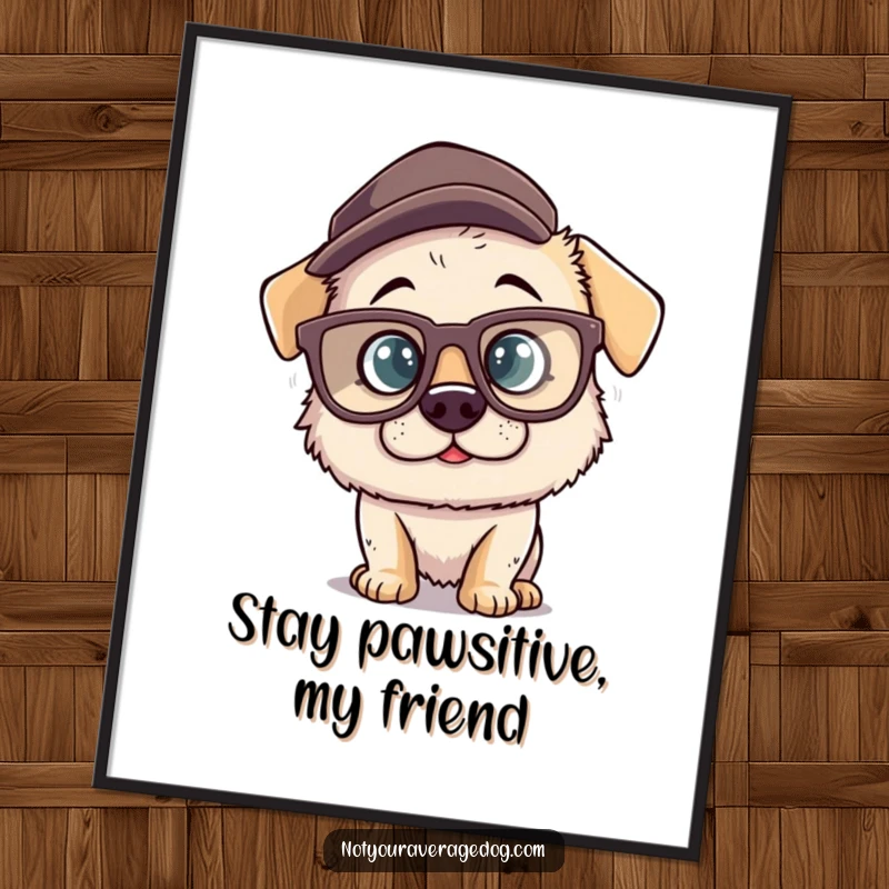 Funny Free Printable Wall Art depicting a silly dog character in oversized, comical glasses and a comically tilted hat.