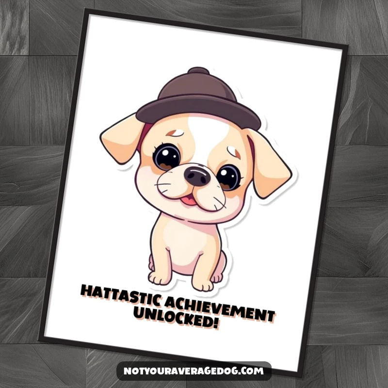 Funny Free Printable Wall Art: A dog posing smartly in a tiny hat, tilted at a comical angle, adding quirky elegance.