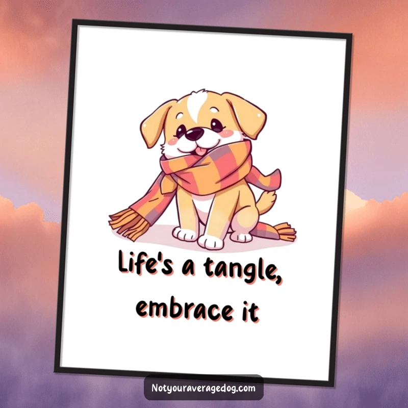 Funny Free Printable Wall Art: A dog playfully entangled in a very long, colorful scarf, embodying chaotic fun.
