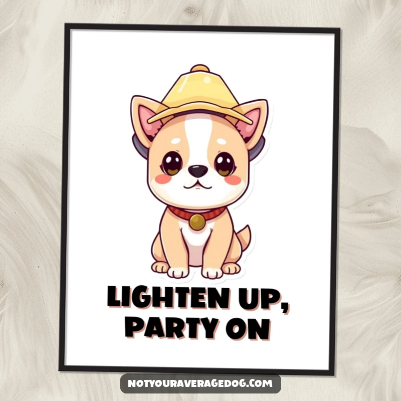 Funny Free Printable Wall Art: A dog proudly wearing a lampshade as a hat, making a humorous statement.