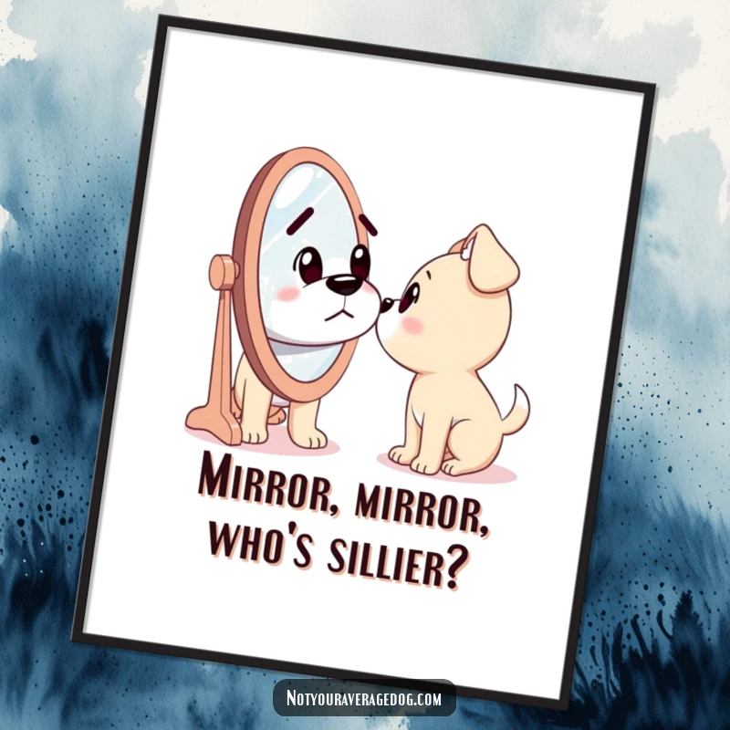 Funny Free Printable Wall Art: A dog stares with wide, confused eyes into a mirror, questioning its own reflection.