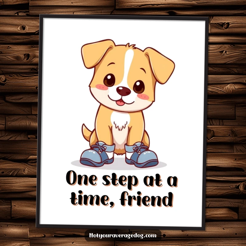 Funny Free Printable Wall Art: A goofy dog with one shoe on its paw and another on its leg, looking confused but cute.