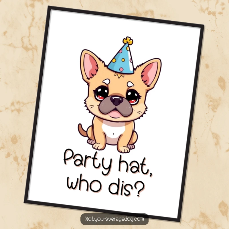 Funny Free Printable Wall Art: A dog wearing a tiny party hat, looking comically bewildered, perfect for printing.