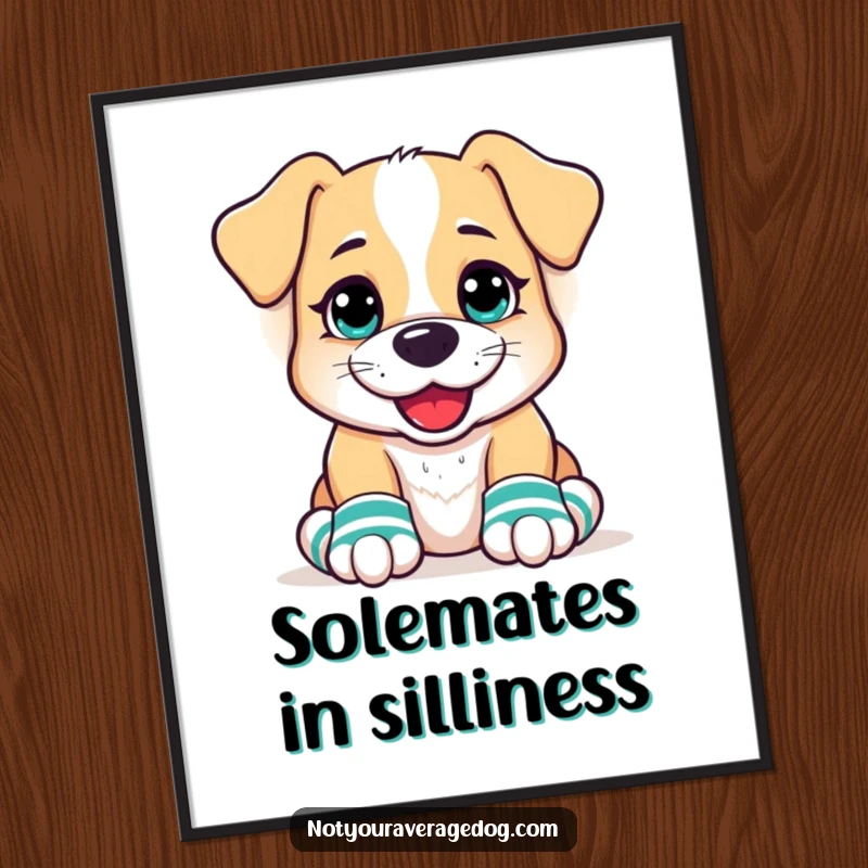 Funny Free Printable Wall Art: A dog with an enormous, goofy grin, wearing one red and one blue sock on its paws.