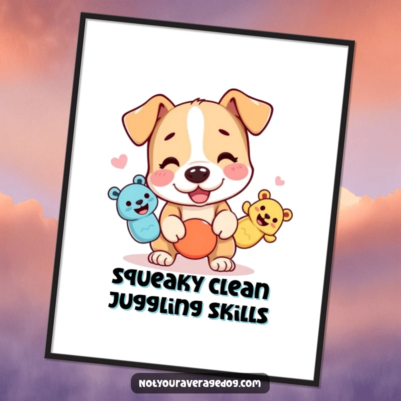 Funny Free Printable Wall Art: Dog attempting to juggle three squeaky toys, a lively and humorous piece of downloadable art.