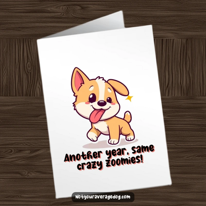 Funny Free Printable birthday card, dog with tongue sticking out sideways, frantically chasing a red laser dot.