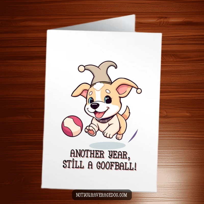 Funny Free Printable Birthday Card: A dog in a jester hat gleefully chases a bouncing ball with pure excitement.