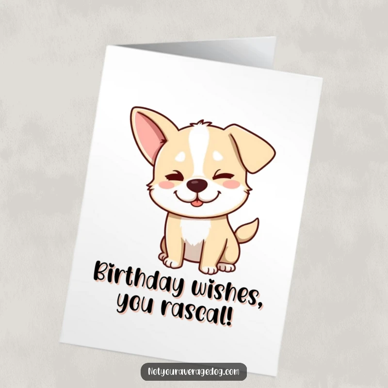 Funny Free Printable Birthday Card: A silly dog with one ear down, giving a mischievous wink and a sly smile.