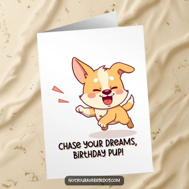 Funny Free Printable Birthday Card featuring a dog chasing its shadow with intense, comical focus.