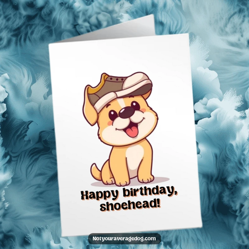 Funny Free Printable Birthday Card: A determined dog comically attempts to wear a shoe as a hat, pure silliness.