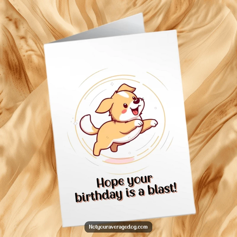 Funny Free Printable Birthday Card: A dog spinning in circles, chasing its tail with a determined, dizzy expression.
