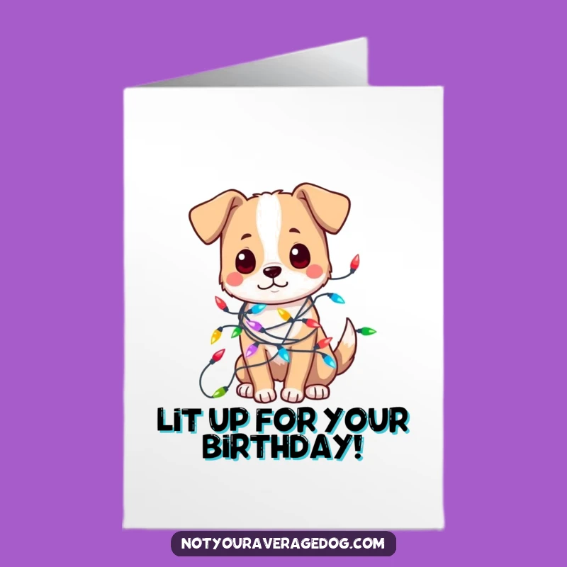 Free Printable Birthday Card: Dog tangled in lights wishes Happy Birthday!