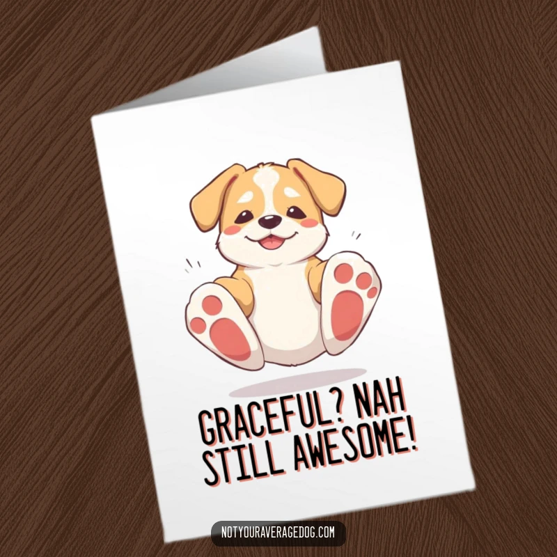 Funny Free Printable Birthday Card with a goofy dog tripping over its oversized paws, bouncing back up with a smile. Hilarious downloadable gift.