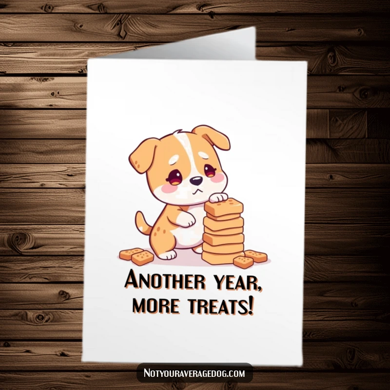 Funny Free Printable birthday card, dog with confused look trying to balance a tall stack of treats.