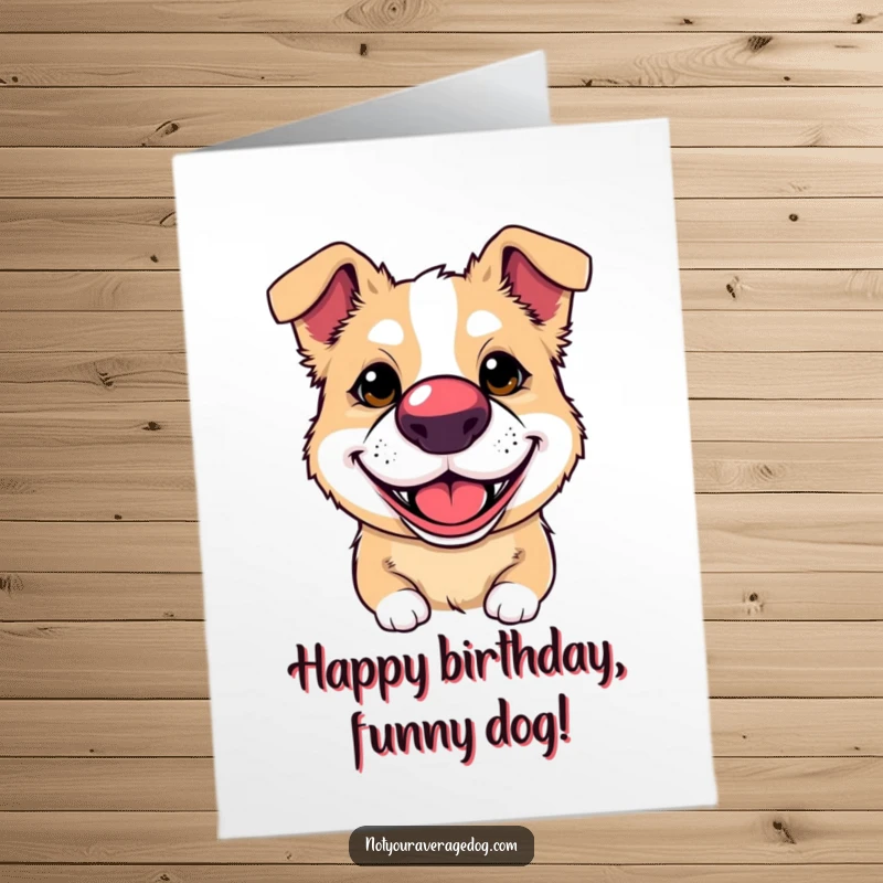 Funny free printable birthday card featuring a dog wearing a clown nose and a silly grin, ready to party.