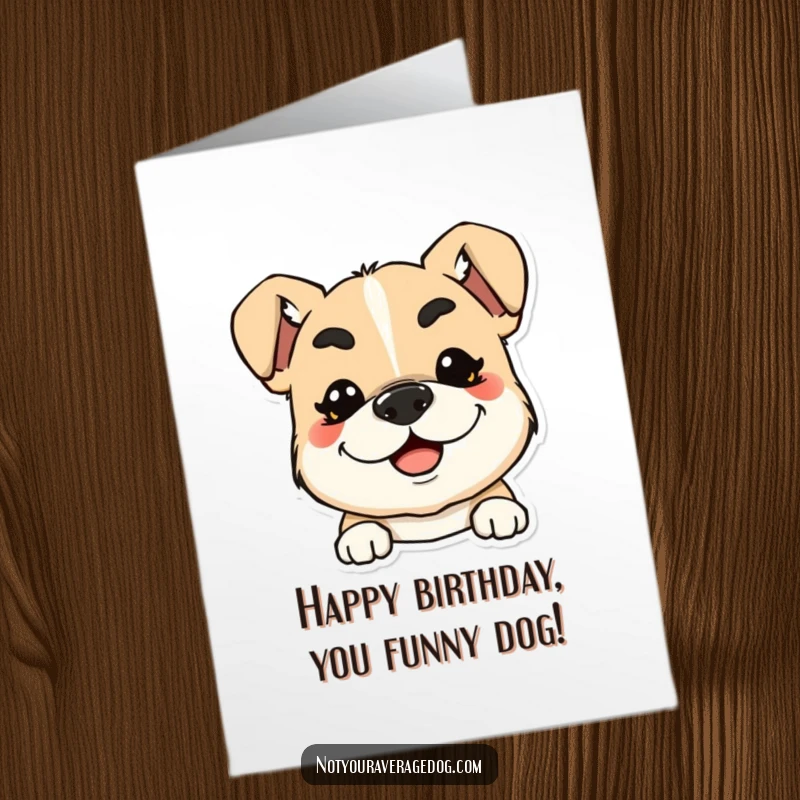 Funny Free Printable Birthday Card: A happy dog sports wildly squiggly eyebrows and a huge smile, radiating pure joy.