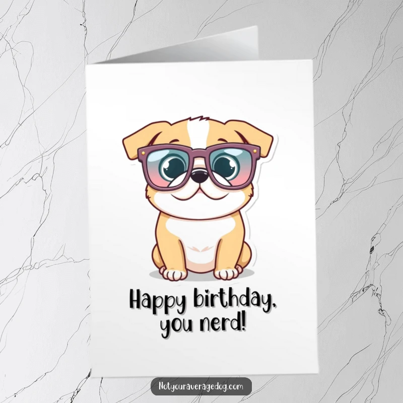 Funny Free Printable Birthday Card: A dog wears oversized, comically shaped glasses, looking endearingly goofy.