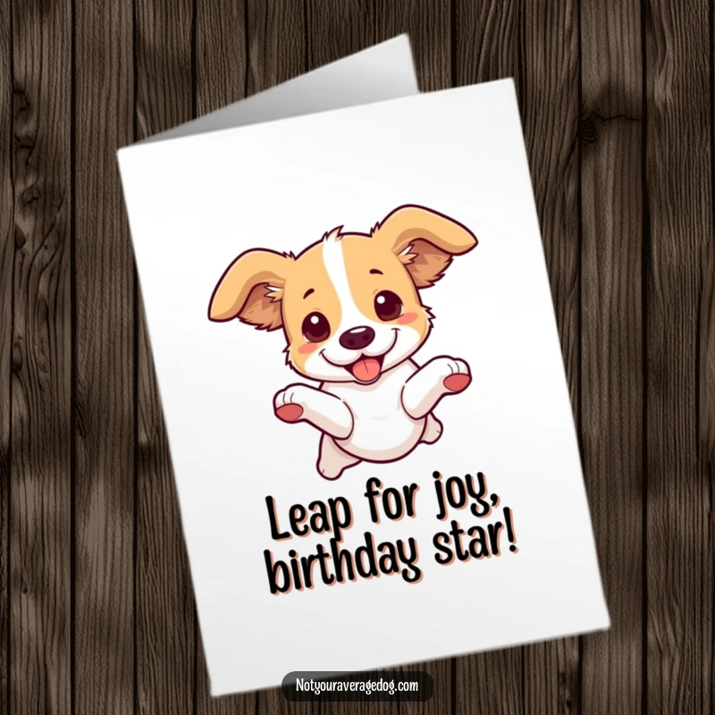 Funny Free Printable Birthday Card: Dog leaping with ears flopping wildly in opposite directions, a hilarious birthday surprise.