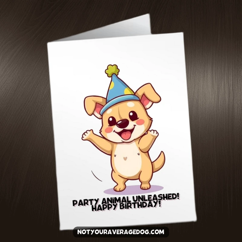 Funny Free Printable birthday card, dog in silly hat spinning clumsily, ready for a laugh.
