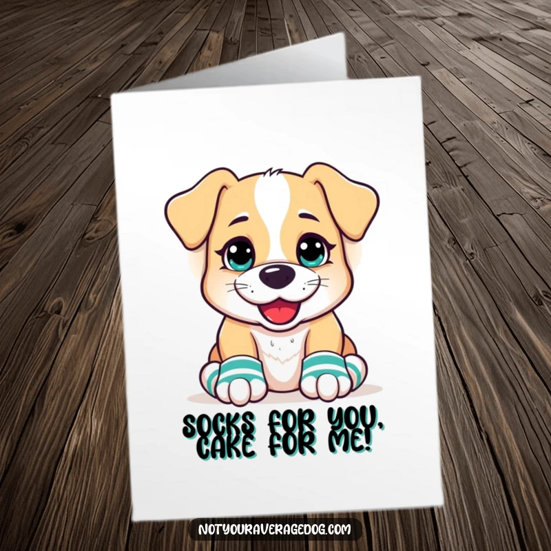 Funny Free Printable Birthday Card: Goofy dog with a huge grin wearing mismatched socks, ready to party.