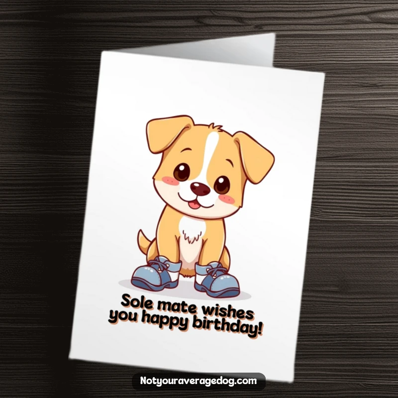 Funny Free Printable Birthday Card: A clumsy dog in mismatched shoes, looking adorably awkward and ready to party.